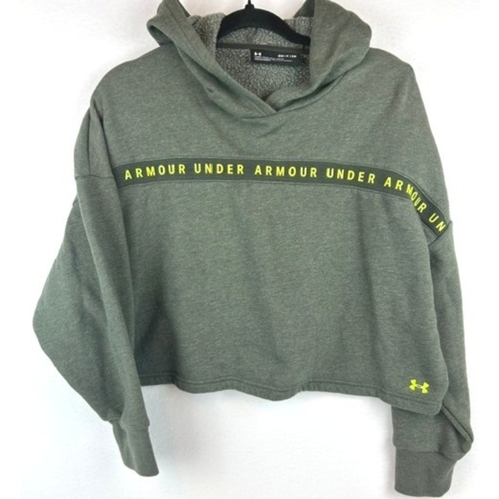 Under Armour Hoodie Olive Green Logo Tape Cropped Women Small